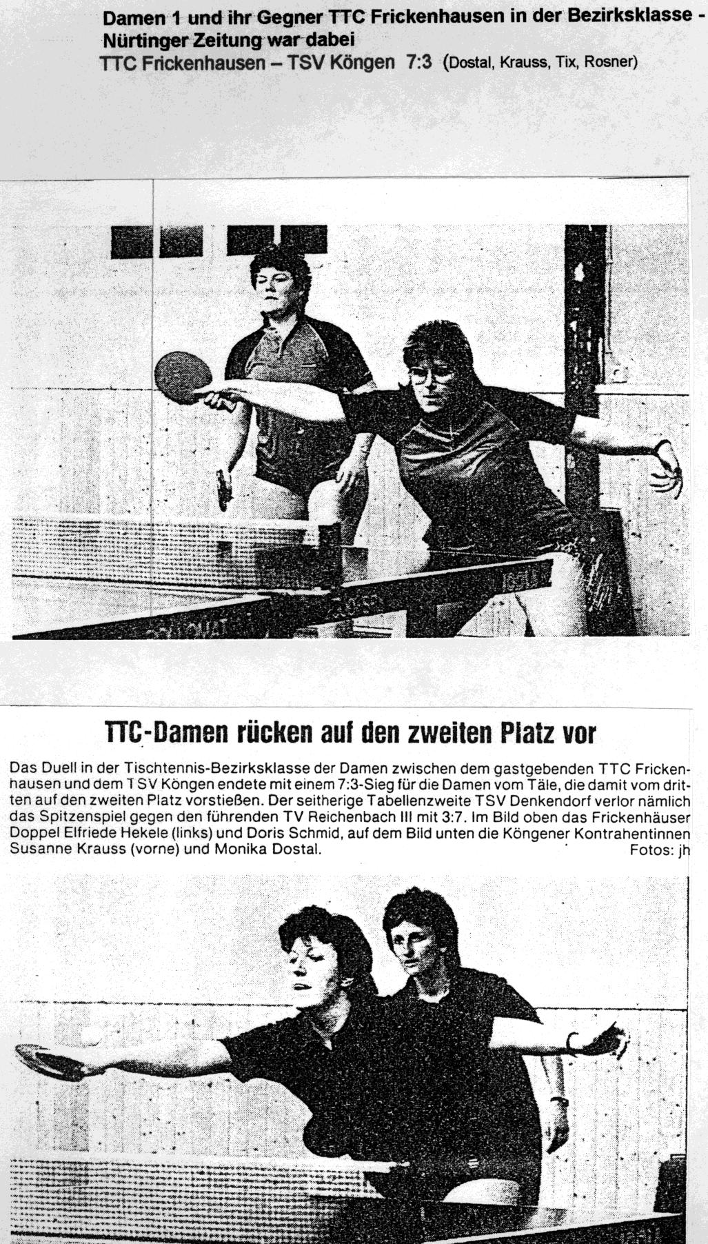 März 1989: Damen 1 und ihr Gegner TTC Frickenhausen in der Bezirksklasse -