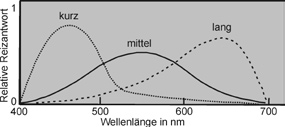 Abb. 4-4: Resonanzkurven nach Helmholtz Hermann von Helmholtz hypothetische Resonanz-Kurven der drei Photorezeptoren (1).