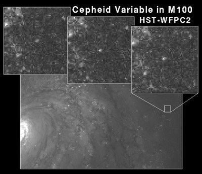Abb. 2 Messung der Cepheidenhelligkeit und Periode in der Galaxie M100 [1]. Anhand der periodischen Helligkeitsänderung von Cepheiden kann man die Entfernung dieser Sterne bzw.
