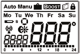 C D E Balkendarstellung der programmierten Heizphasen des aktuellen Tages Auto-/Manu-Taste: Wechsel zwischen Auto- und Manu Modus,