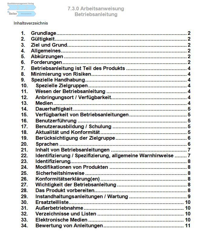 Arbeitsanweisung Betriebsanleitung (MS-Word) Copyright Qualtätsmanagement Verlag Seiler,