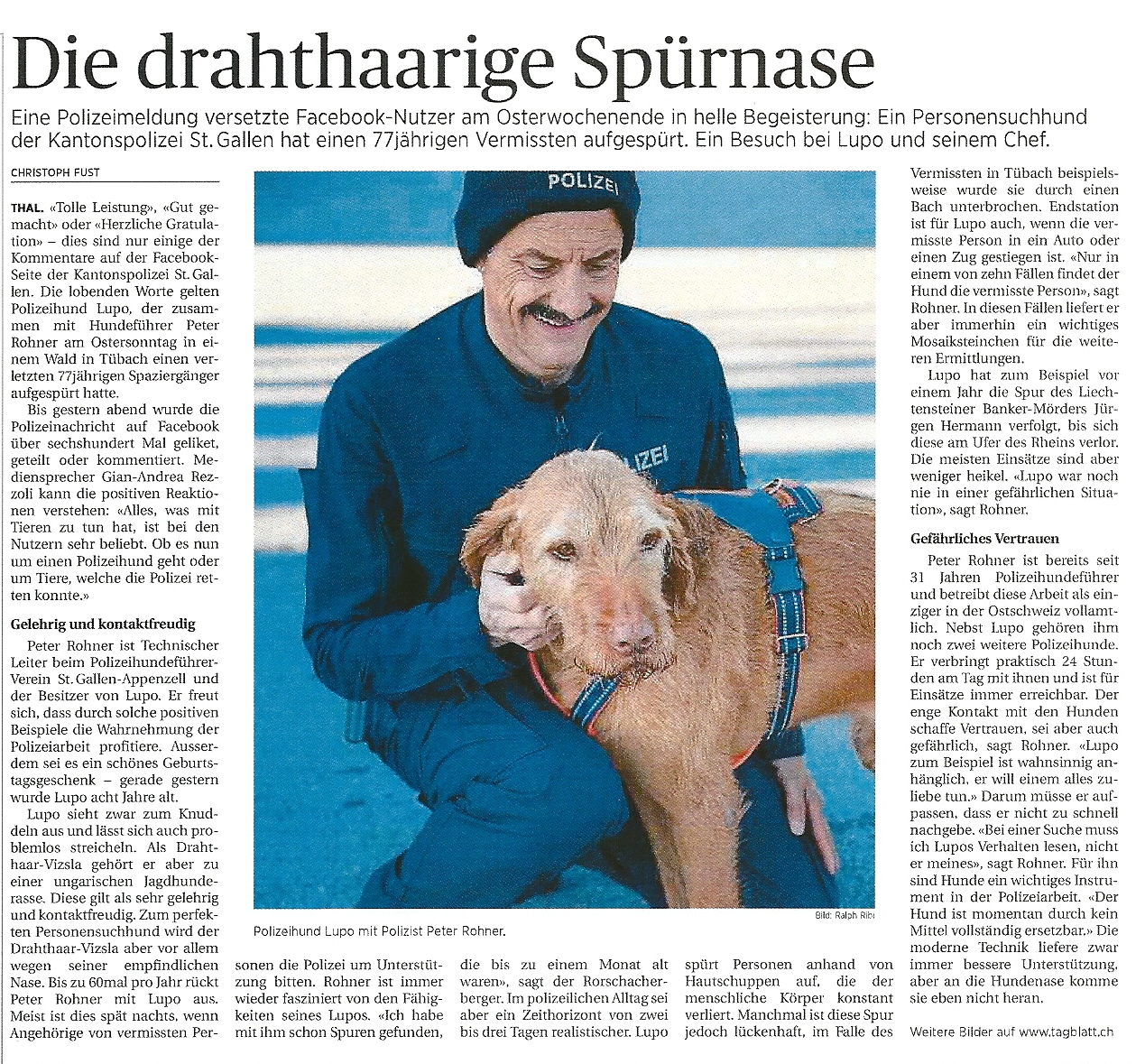 Gute Presse für Peter Rohner und Lupo (Quelle: St. Galler Tagblatt vom 9.4.