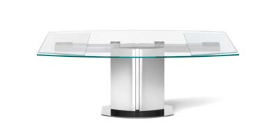 Design Giorgio Cattelan Tavolo allungabile con base in acciaio inox lucido, piano e prolunghe in cristallo trasparente o trasparente extrachiaro temperato 15mm (prolunghe 12mm).