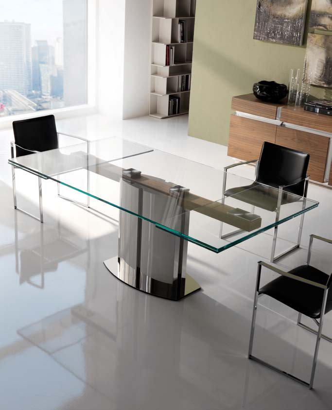 Table à allonges avec base acier inox brillant, plateau et rallonges en verre transparent ou extra clair trempé 15mm (rallonges 12mm).