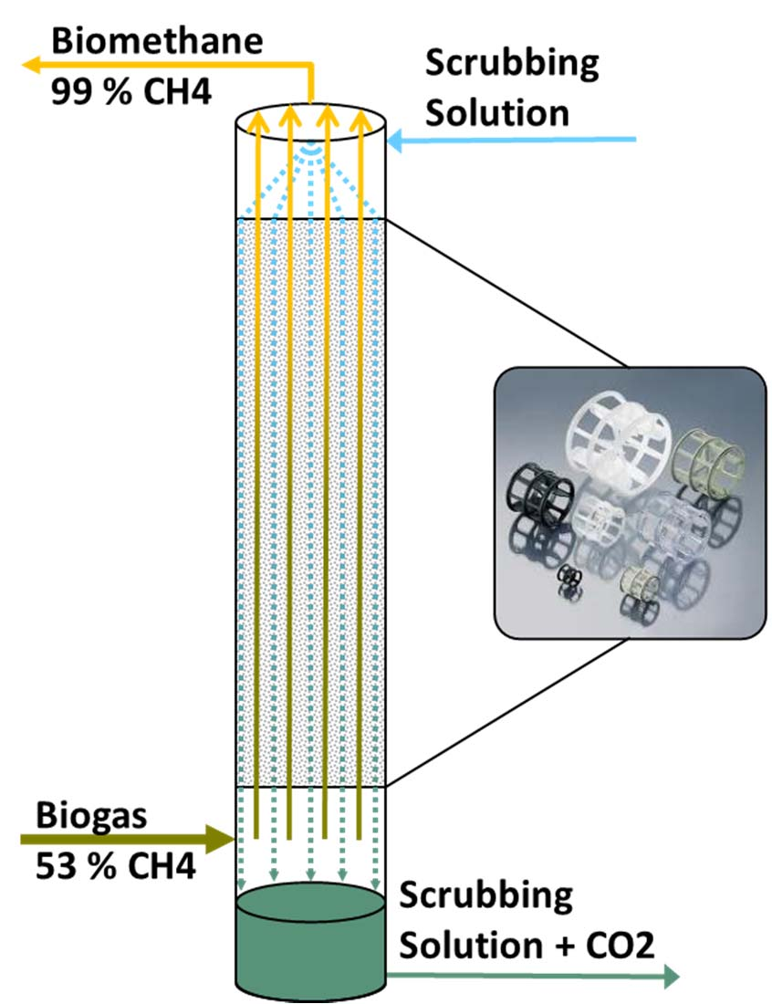 2) Aminwäsche CO 2 -Seperation Maximale Reaktionsoberfläche in der Waschkolonne Biogasstrom von unten nach