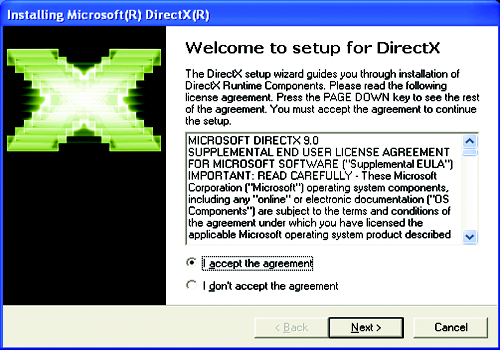 Installieren des DirectX-Treibers:Auf "Install DirectX 9" klicken. (Anm.) 2. Auf "Next" klicken. DirectX 9.0 ist die aktuelleste Laufzeitbibliothek für alle Windows-Betriebssysteme.
