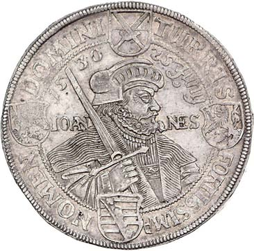 Brustbild Johann des Beständigen mit Pelzmütze und Mantel nach rechts, das Schwert