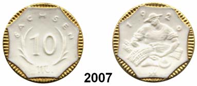 ...Prägefrisch 50,- 2007 59.o 10 Mark 1920 weiß (!), Rand vergoldet mit rundumlaufenden Außenrand.