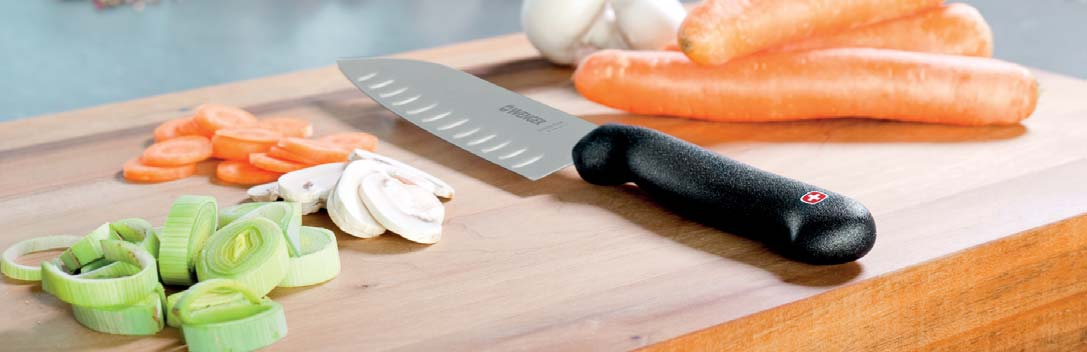 These knives are mirror polished and have a granton surface, which prevents thinly sliced food from sticking to the blade.