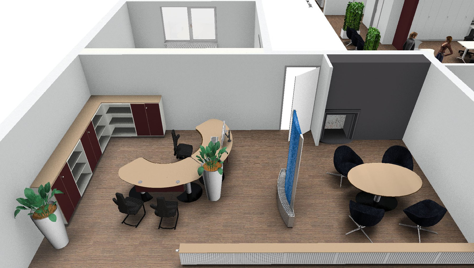 EG Büro Stefan Schwab Arbeitsplatzkombination aus 2x Tischen in Nierenform auf Säulenfüßen (höhenverstellbar) Übereck-Sideboard 3OH Oberflächen: Arbeitsflächen/Schrankabdeckplatte