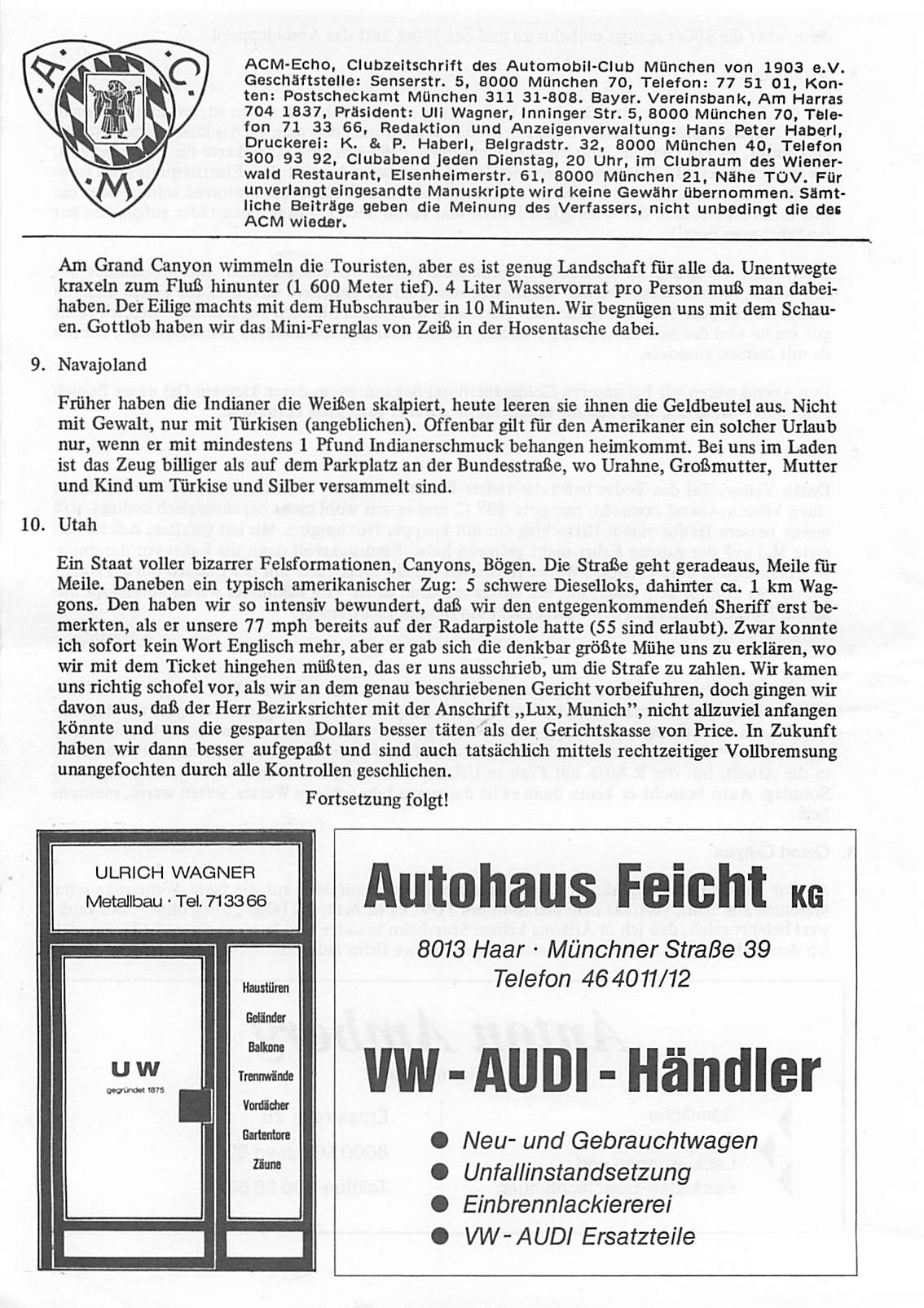 ACM-Echo, Clubzeitschrift des Automobil-Club München von 1903 e.v. Geschäftstelle: Senserstr. 5, 8000 München 70, Telefon: 77 51 Ol, Kon ten: Postscheckamt München 311 31-808. Bayer.