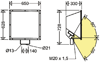 Anschlussdose: Siluminguss, außenliegend, 1 Verschrau bung M20 x 1,5. Lampenwechsel: Einfach, durch seitlichen Gehäusedeckel.