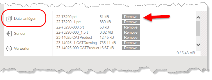 Über Remove am Ende der Zeile können Sie Dateien einzeln wieder aus der Auftragsliste löschen.