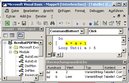 Der VBA Debugger Der VBA Debugger dient dazu, Fehler im Programmcode zu finden. Schritt für Schritt Ausführung eines Programms 1. F8 Taste zum Starten des Debuggers drücken. 2.