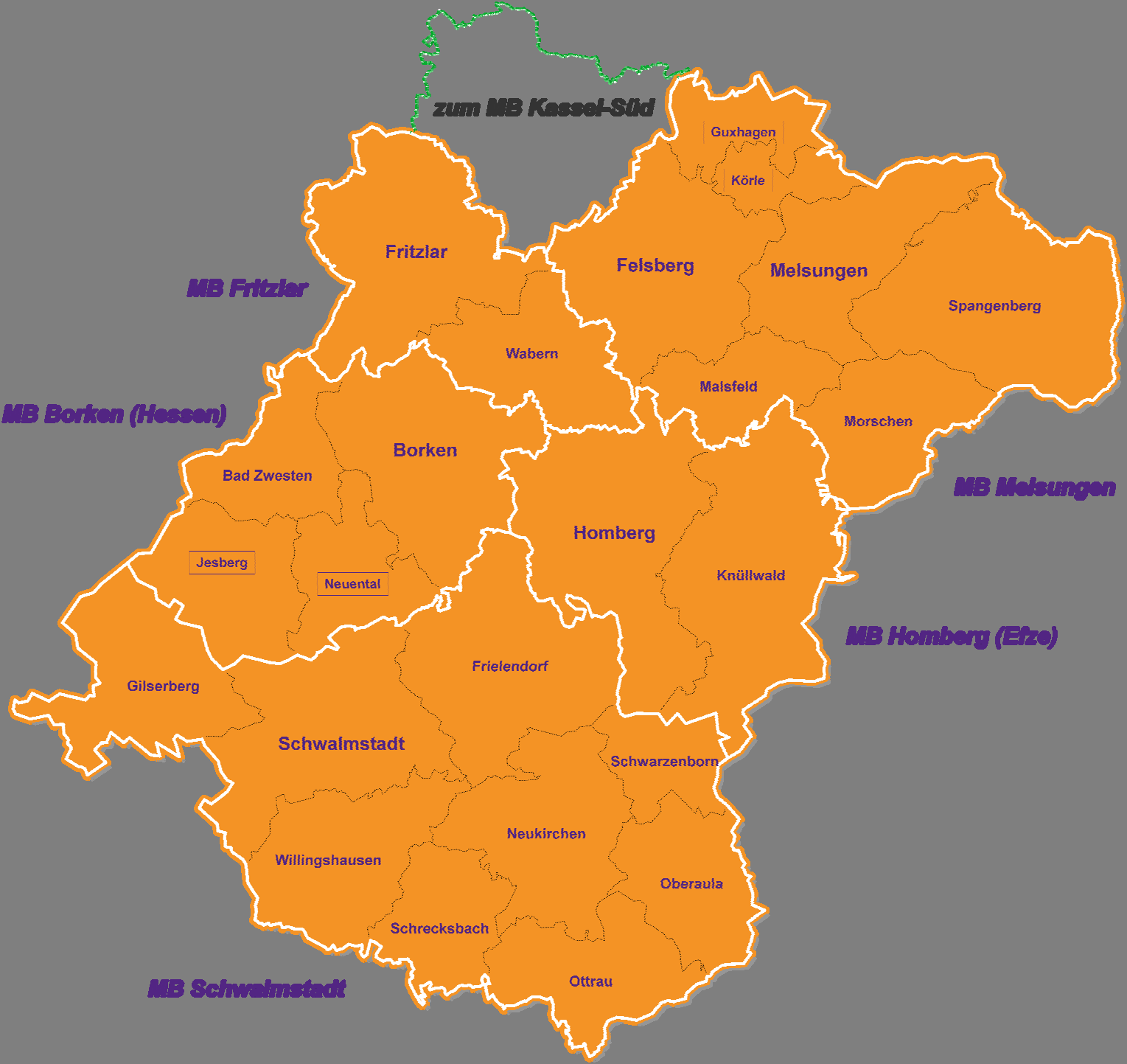 Der bisherige Mittelbereich Kassel wird in drei Mittelbereiche unterteilt: Kassel-Nord, Kassel- Stadt und Kassel-Süd.