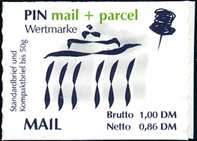 x Einzelwert aus Satz, Brutto 1,00 DM/Netto 0,69 DM, ungummiert, ungestanzt, ** PM-PIN 102 U 13,00 Abart: Einzelmarke mit