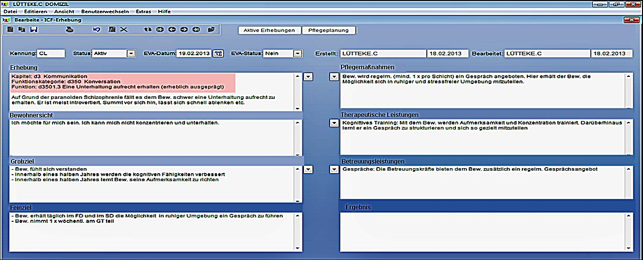 Anwendungsbeispiel ICF-Erhebung Erhebung und Problemeinschätzung nach ICF, Bewohnersicht,