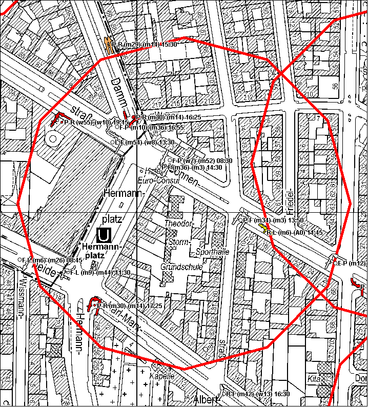 Bild 5-7 Theodor-Storm-Grundschule, Neukölln: die umgebenden Hauptstraßen Sonnenallee und Herrmannplatz weisen 8 Kinderunfälle in drei Jahren im 200 m