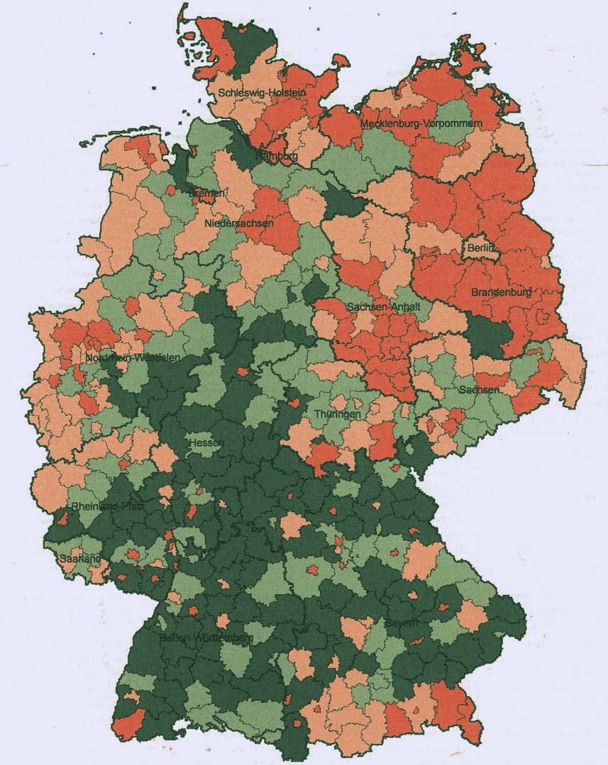 FGS Auf der Karte in Bild 2-3 werden alle Regionen in vier gleich große Gruppen anhand ihrer Rangfolge in der Anzahl von Kinderunfällen pro 1000 Kindern eingeteilt und farbig unterschieden.