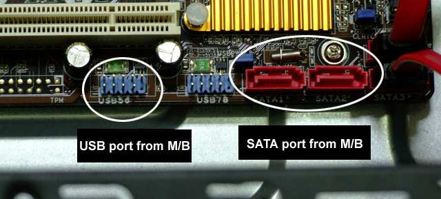 3. Connect the USB and SATA cables to the USB and SATA ports