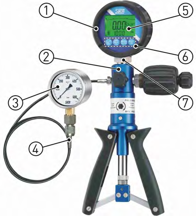 Display, functions and measuring process E2 / D2 Measurement process: Connect the reference E2 / D2 and the test unit to the hand pump.