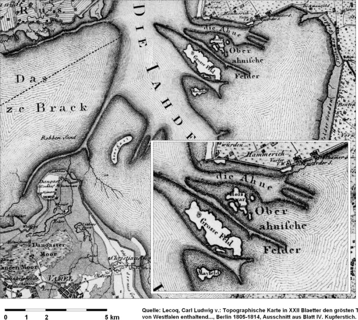 Diese ehemalige Inseln südlich von Eckwarderhörne, und jenseits der Ahne Rinne, sind durch Gezeitenerosion weitgehend zurück gegangen, und werden seit 1952 nicht mehr kartographisch verzeignet. Abb.