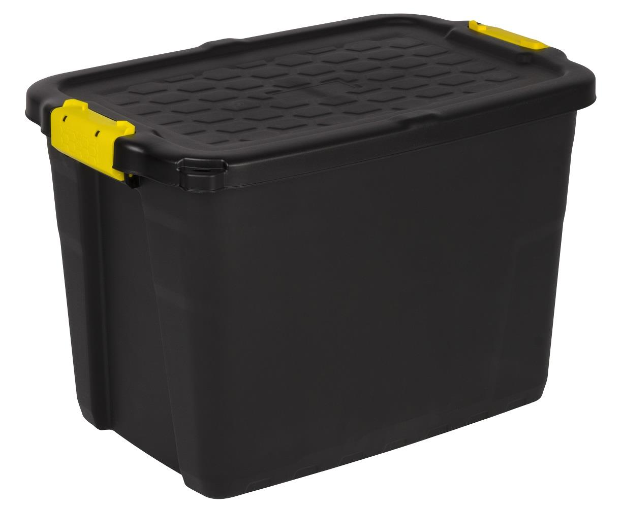 TOUGH BOX 60 Robuste Lagerbox aus Kunststoff (PP). Mit schwarzem Korpus und zwei seitlichen Griffen zum Klippen in Gelb.