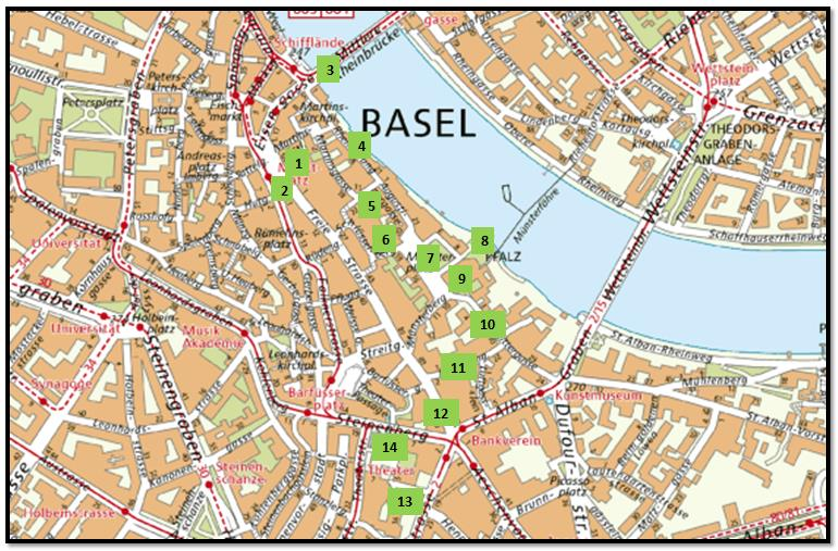 2 Stadtplan von Basel: Stationen unserer Tour Stationen der Führung: 1.