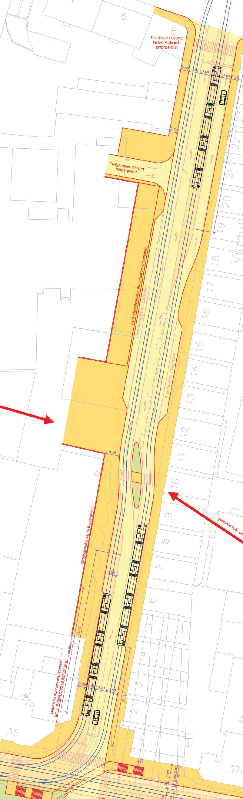 1. Ing.-Etzel-Straße Aufgrund der begrenzten Straßenbreite ist ein durchgehender eigener Gleiskörper für die Straßenbahn in der Ing.-Etzel-Straße nicht möglich.