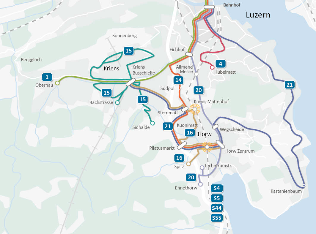 Start Umsetzung Konzept RBus: Kapazitätssteigerung mit Doppelgelenktrolleybus (Juni 2014) Neue Durchmesserlinie Brüelstrasse-Bhf Luzern-Südpol-Horw Gelenktrolleybus, Reduktion auf 10-Min-Takt