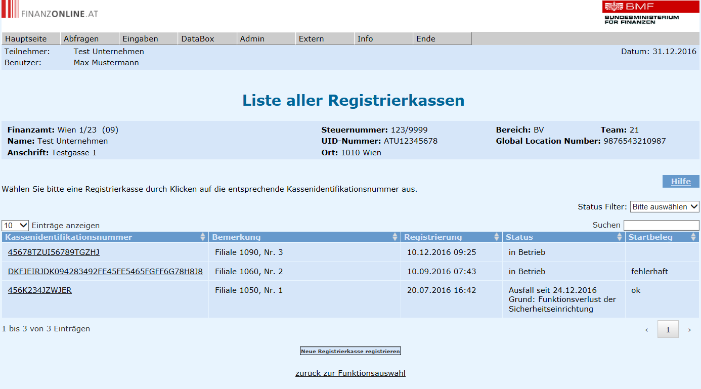 Seite 23 von 58 3.3.2. Liste aller Registrierkassen In dieser Seite werden alle Registrierkassen aufgelistet, die bereits für ein Unternehmen registriert worden sind.