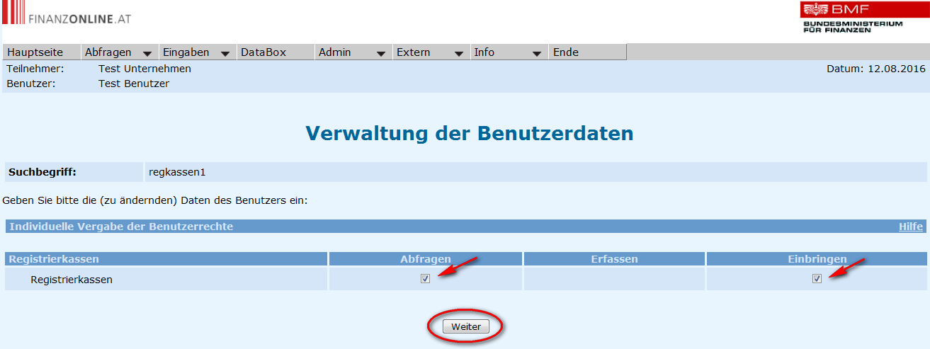 Seite 45 von 58 Durch Klick auf Registrierkassen erfolgt der Wechsel in die Seite Verwaltung der Benutzerdaten.