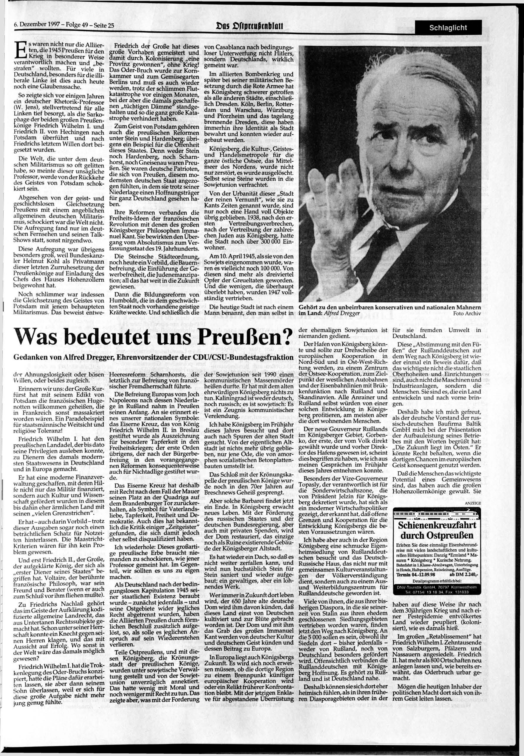 6. 1997- Folge 49 - Seite 25 >a$ >fiprtuflcnblait Schlaglicht Es waren nicht nur die Alliierten, die 1945 Preußen für den Krieg in besonderer Weise verantwortlich machen und bestrafen" wollten.