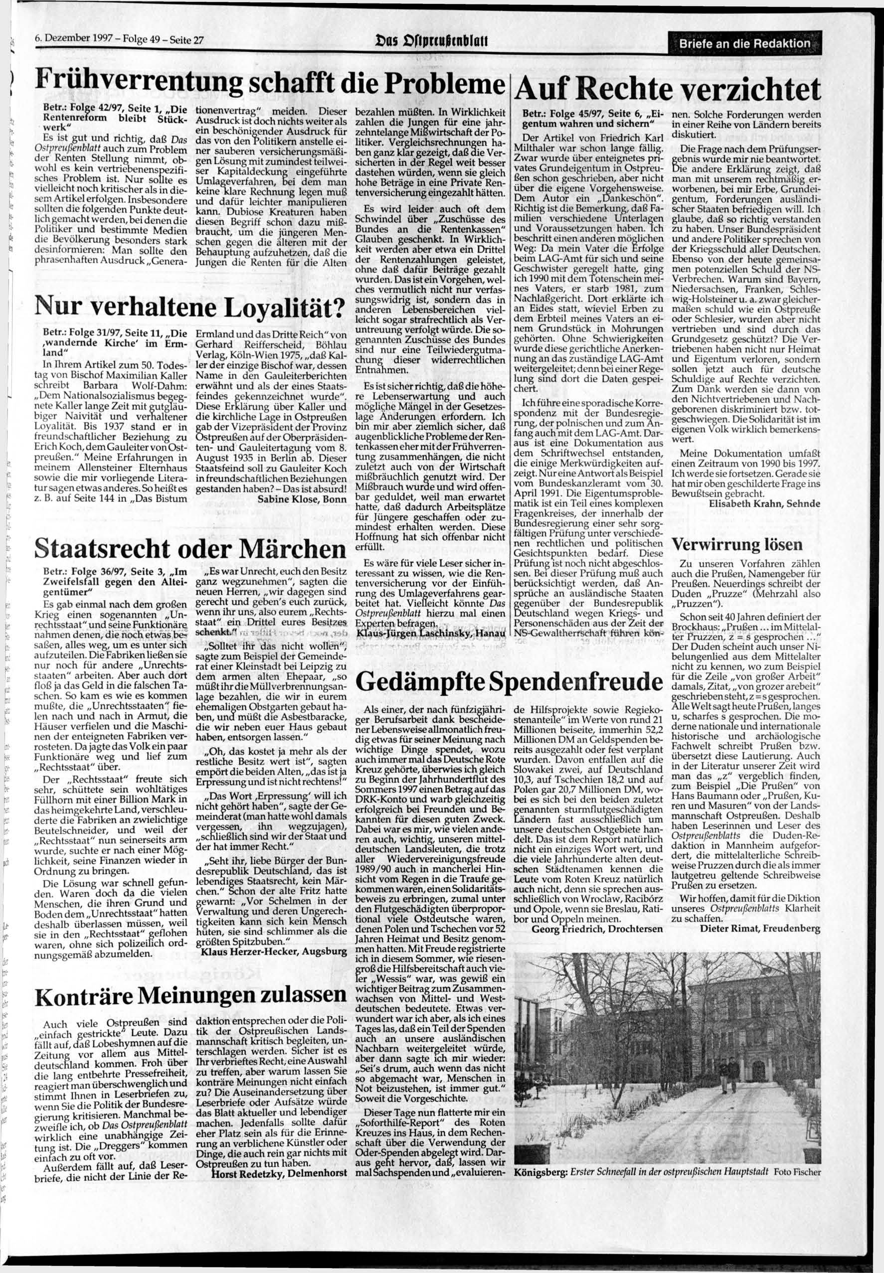 6. 1997 - Folge 49 - Seite 27 t>a$ Ofiprtujtnblaii Briefe an die Redaktion Frühverrentung schafft die Probleme Betr.