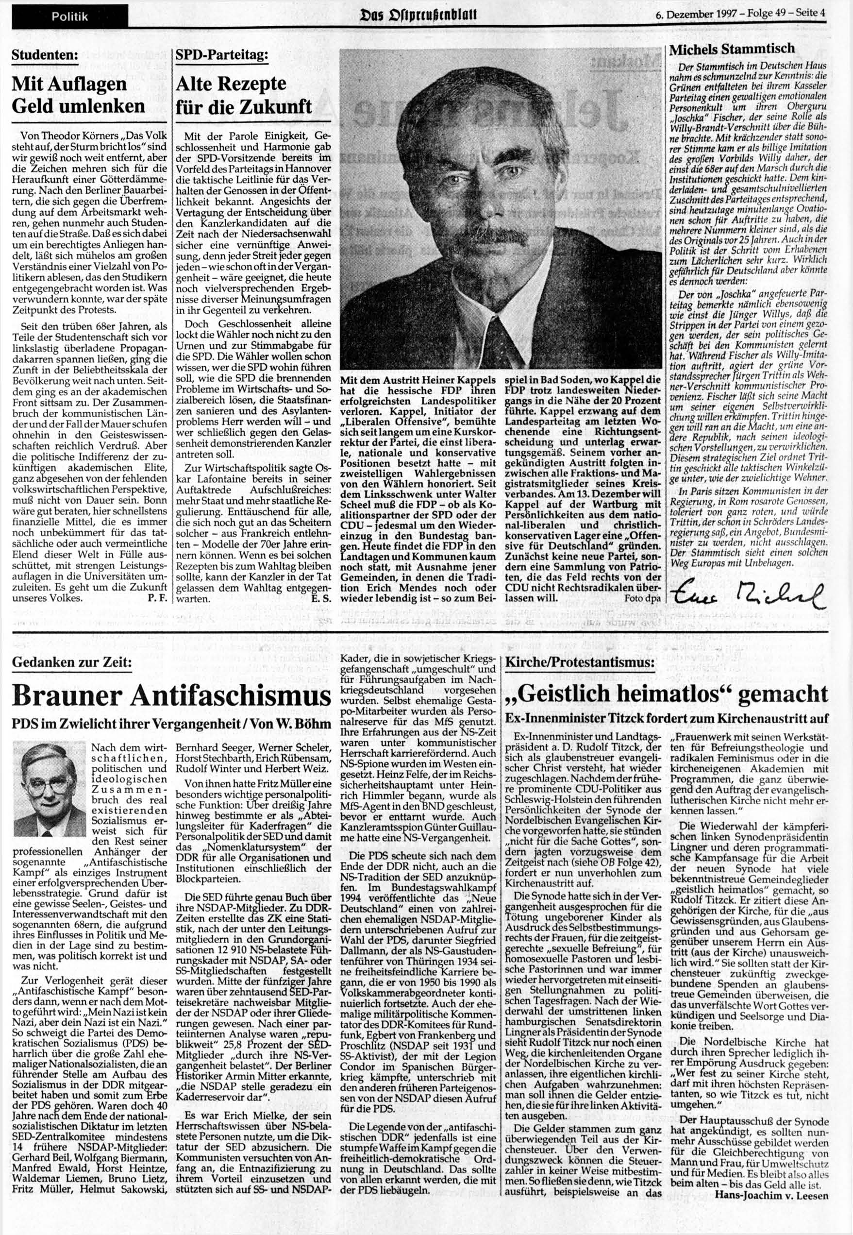 Politik Das?fiprcußtnblat! 6. 1997 - Folge 49 - Seite 4.