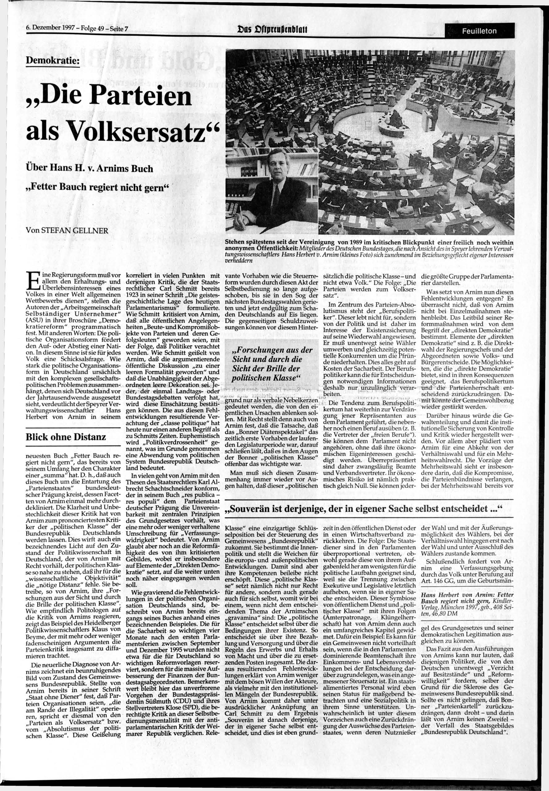 6. 1997 - Folge 49 - Seite 7 Das öriprtujknblqu Feuilleton Demokratie: Die Parteien als Volksersatz" Über Hans H. v.