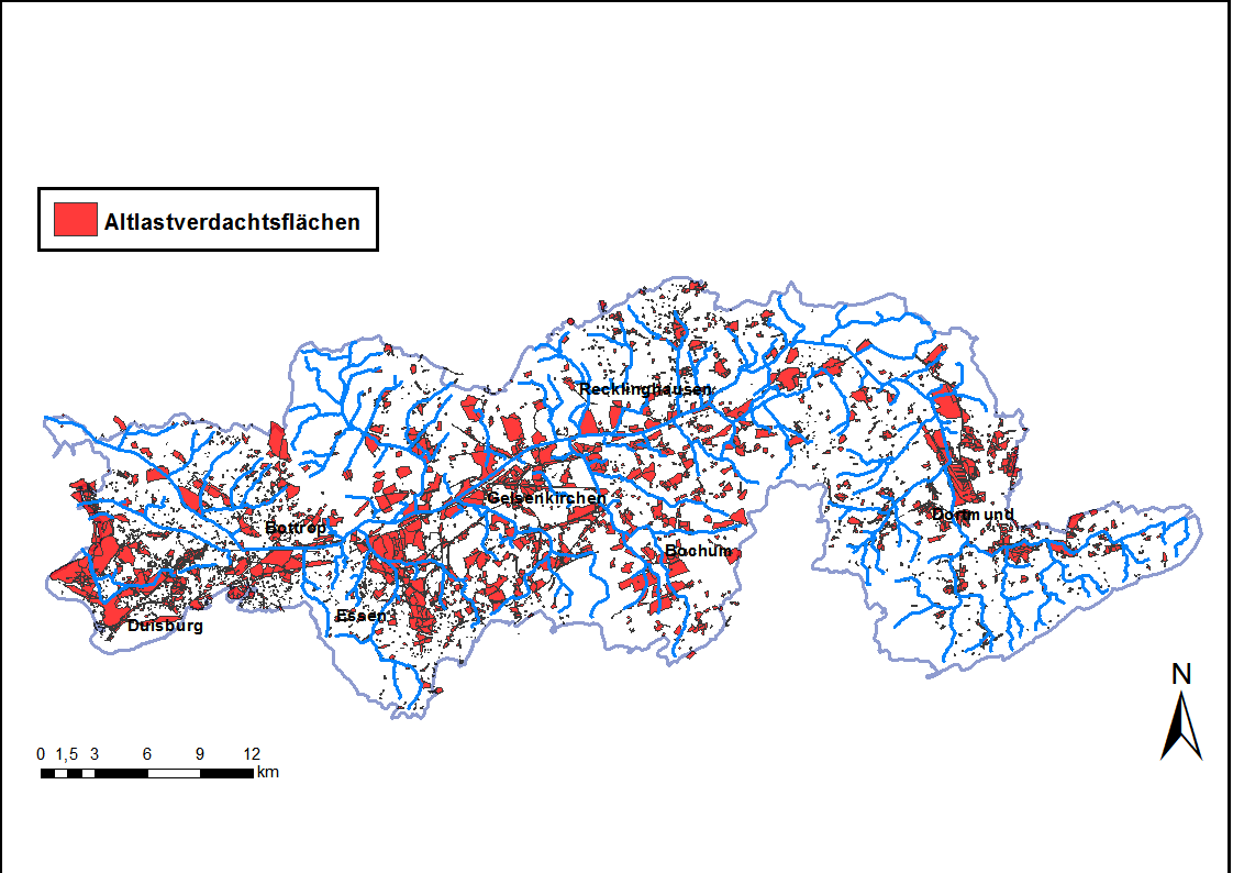 Abbildung 3.1: Altlastenverdachtsflächen im Emschereinzugsgebiet (Altlastenkataster des Landes NRW).
