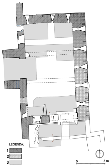 Grundriss des Souterrains des dritten Tores. 1 Mauerwerk von Mitte des 16. Jahrhunderts, 2 Mauerwerk aus der zweiten Hälfte des 16. Anfang des 17.