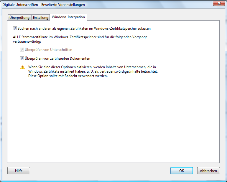 Register Windows-Integration Beenden Sie die Erweiterten Voreinstellungen und Voreinstellungen