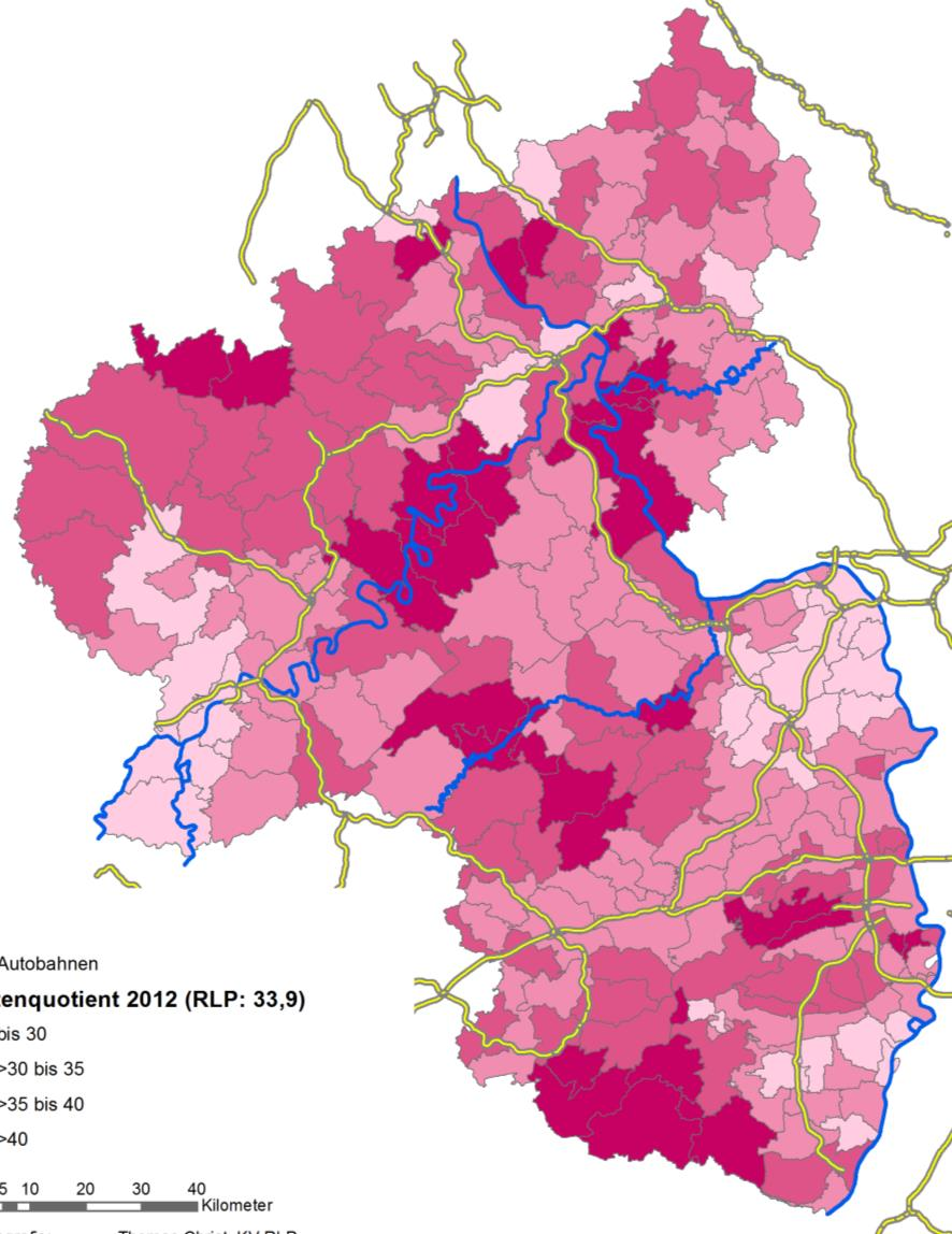 RHEINLAND-PFALZ: REGIONALE ALTERSSTRUKTUR Altersstruktur 2012 Altenquotient Rheinland-Pfalz: 34 Geringste