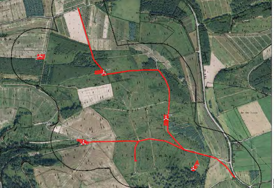 2. Beschreibung Wegeplan/Vorbelastungen Rot = Wegenetz ist zu 90% vorhanden WEA Standort optimal geplant für Abstände