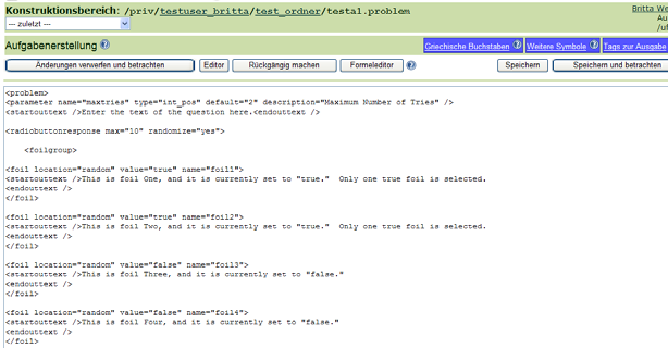 2. Methode Auf der Aufgabenvorschau-Seite klickt man auf XML-Editor, um die Aufgabe mit dem XML- Editor zu bearbeiten.