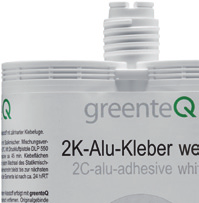 Kleben, Reiniger Der greenteq 2K-Alu-Kleber eignet sich in Fachbetrieben zur konstruktiven Verklebung von Alu-Eckwinkeln in eloxierte sowie pulverbeschichtete Blend- und Flügelrahmen-Profile für