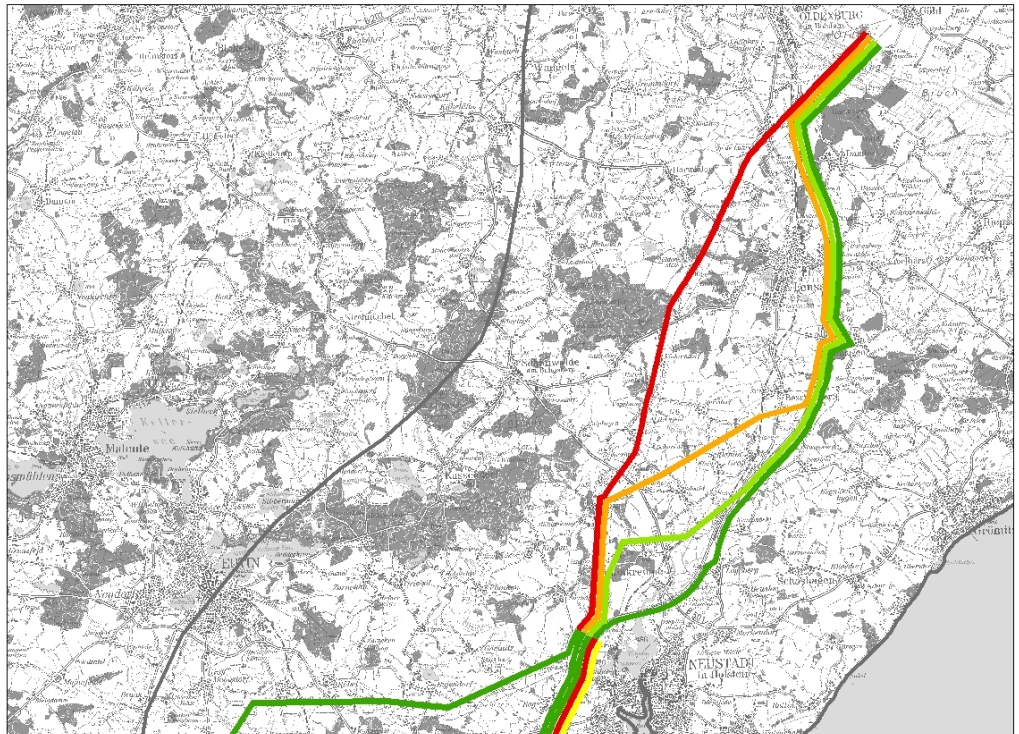 380-kV-Ostküstenleitung Abschnitte Lübeck-Siems & Lübeck-Göhl grundsätzlich auszuschließen sind und eine Freileitungstrasse parallel zur A 1 möglicherweise nicht zulässig ist.
