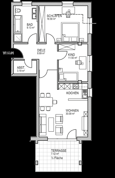 Haus 2 Wohnung 01 3-Zimmer-Wohnung im EG mit Terrasse, Carport und Grundstückanteil Wohnen/Essen 30,09 m 2