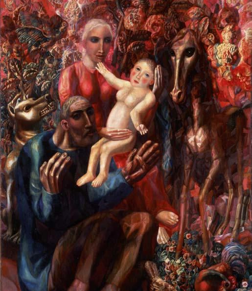 Die Heilige Familie (1914) Filonow kombinierte in seinen Gemälden Motive aus der volkstümlichen wie auch der religiösen Kunst.