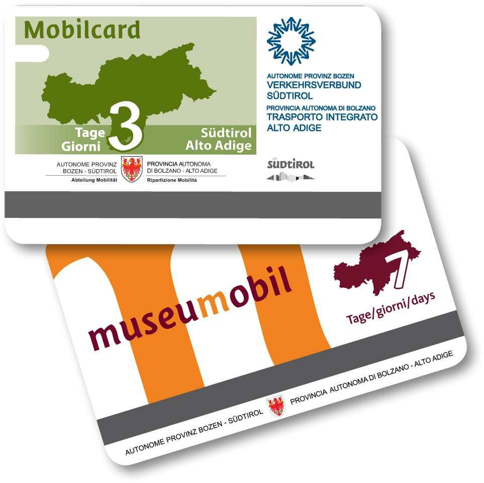 + Seilbahnen/Skilifte) im Vinschgau, Pustertal sowie in Brixen angelaufen Mobilcard Für Urlaubsgäste: Pauschaltickets Ein einziges Ticket für alle Verkehrsmittel in