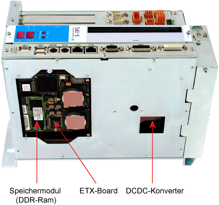 Bilder des S-IPCs Durch Entfernen des Kühlkörpers ist das ETX-Board zugänglich. Dies könnte bei einem Austausch des Speichers (DDR-Ram) notwendig werden.