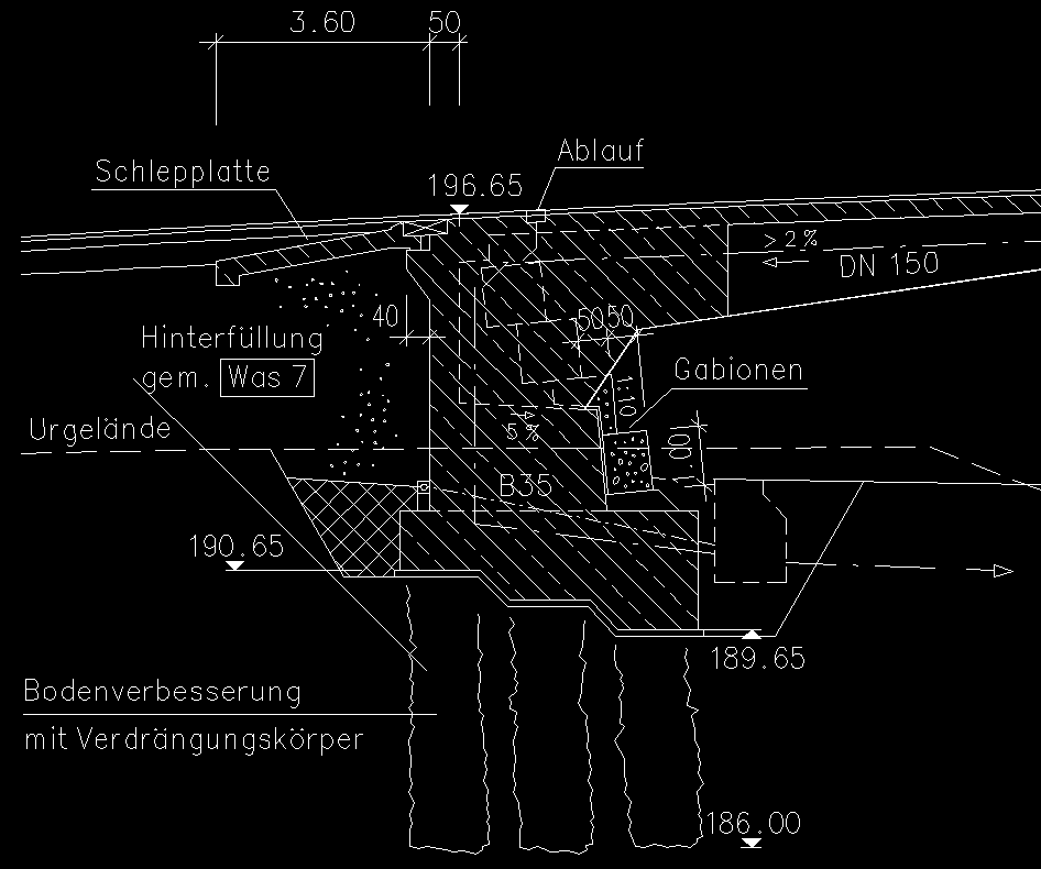 Die Fahrbahnplatte in B 35 setzten sich aus Halbfertigteilen und Ortbetonergänzung zusammen. Zwischen BW 2 und 3 werden die zugehörigen Widerlagergründungen zusammengefasst.