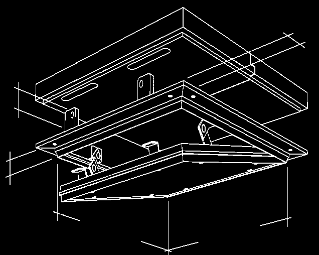 von oben bei 15 mm randbeanspruchung von oben (aus dem Zwischendeckenbereich) Flächenbündiger Einbau in GK-Decken Klappendeckel aushängbar Geprüft nach DIN 4102-2 und auch nach DIN EN 1364-2 in